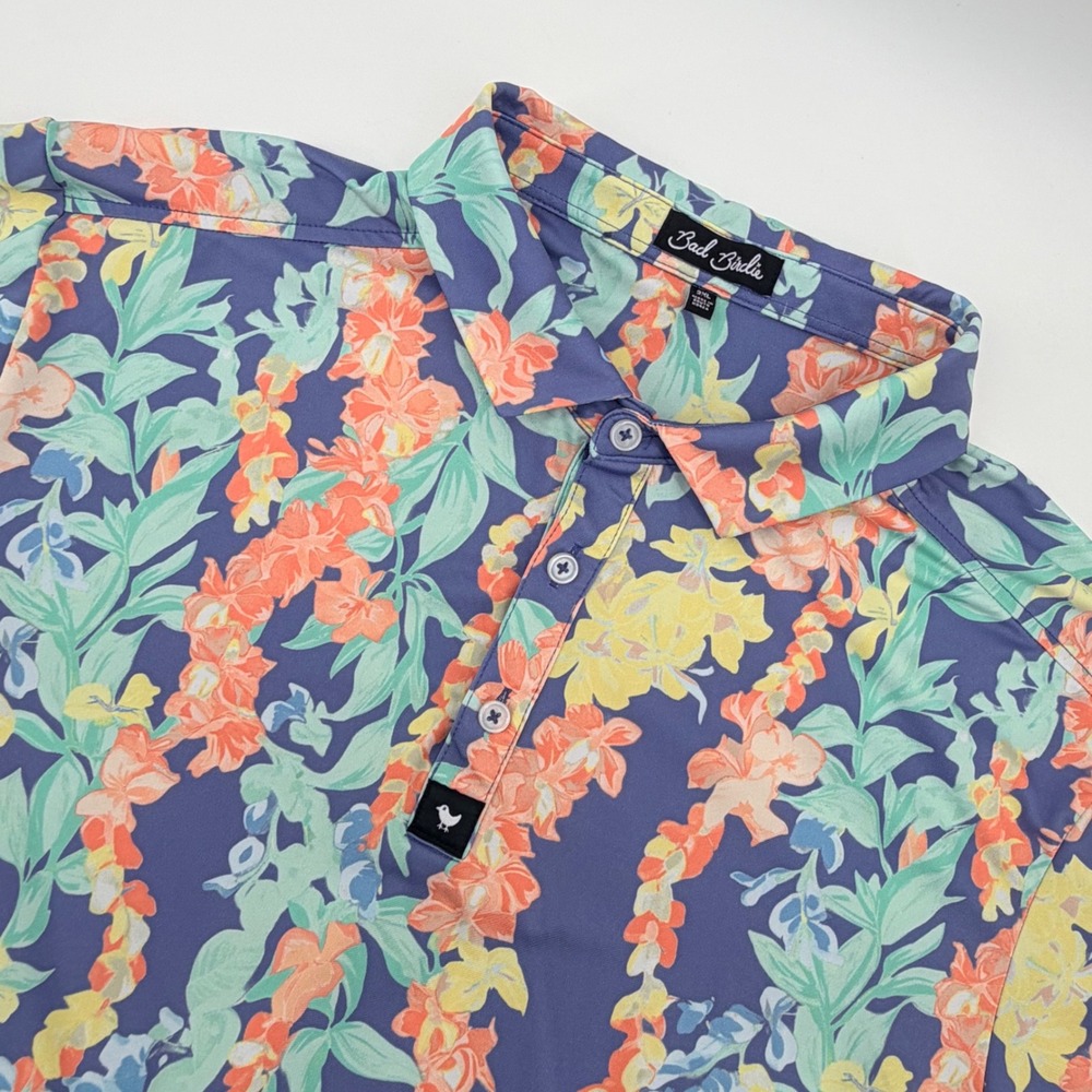 Bad Birdie Polo Shirt Mens 2XL Blue Floral Lei Tropical Performance Golf Top